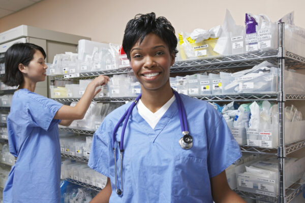 Doctor and nurse looking at medical supplies